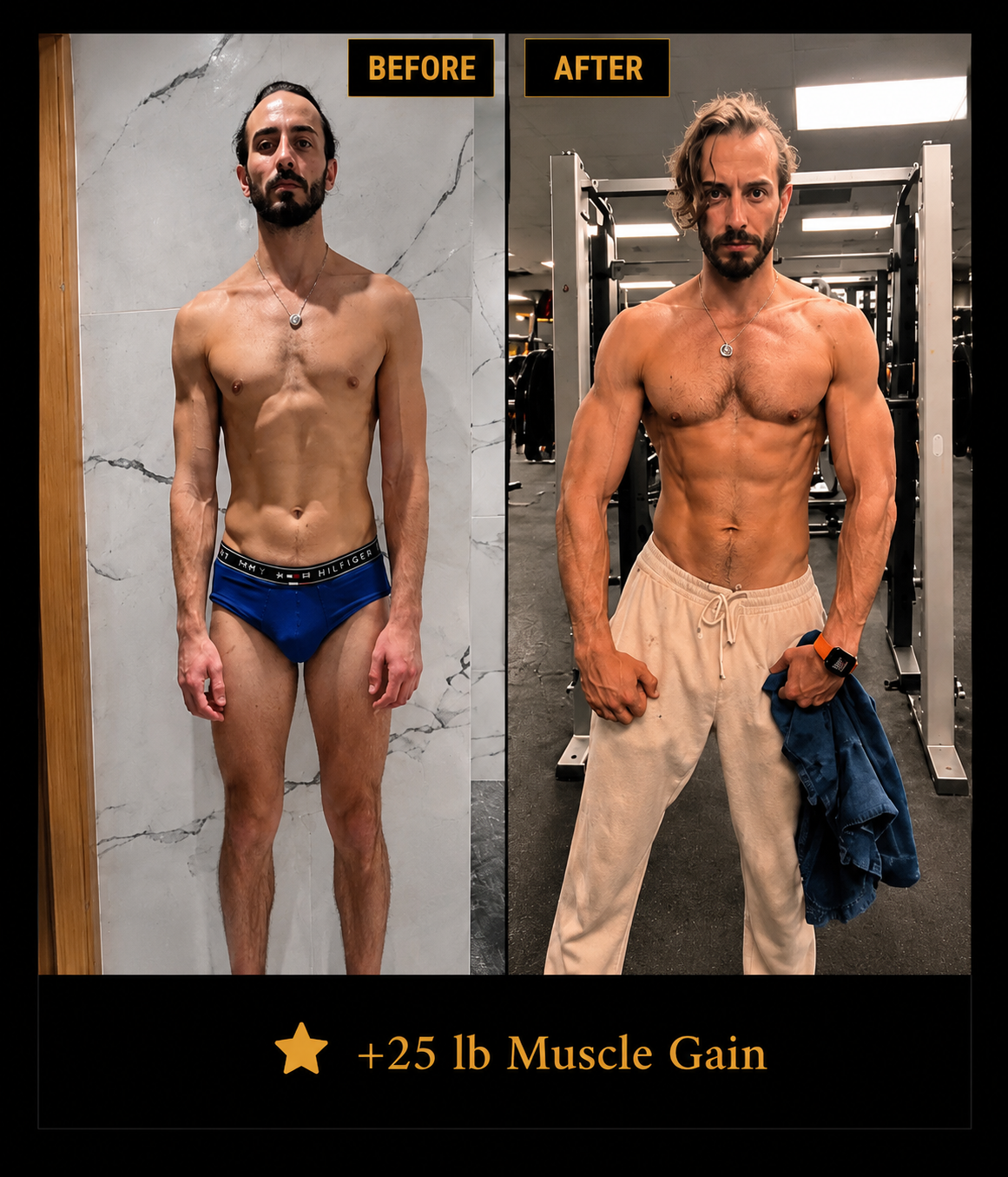 Before and after muscle transformation, 25 lb muscle gain